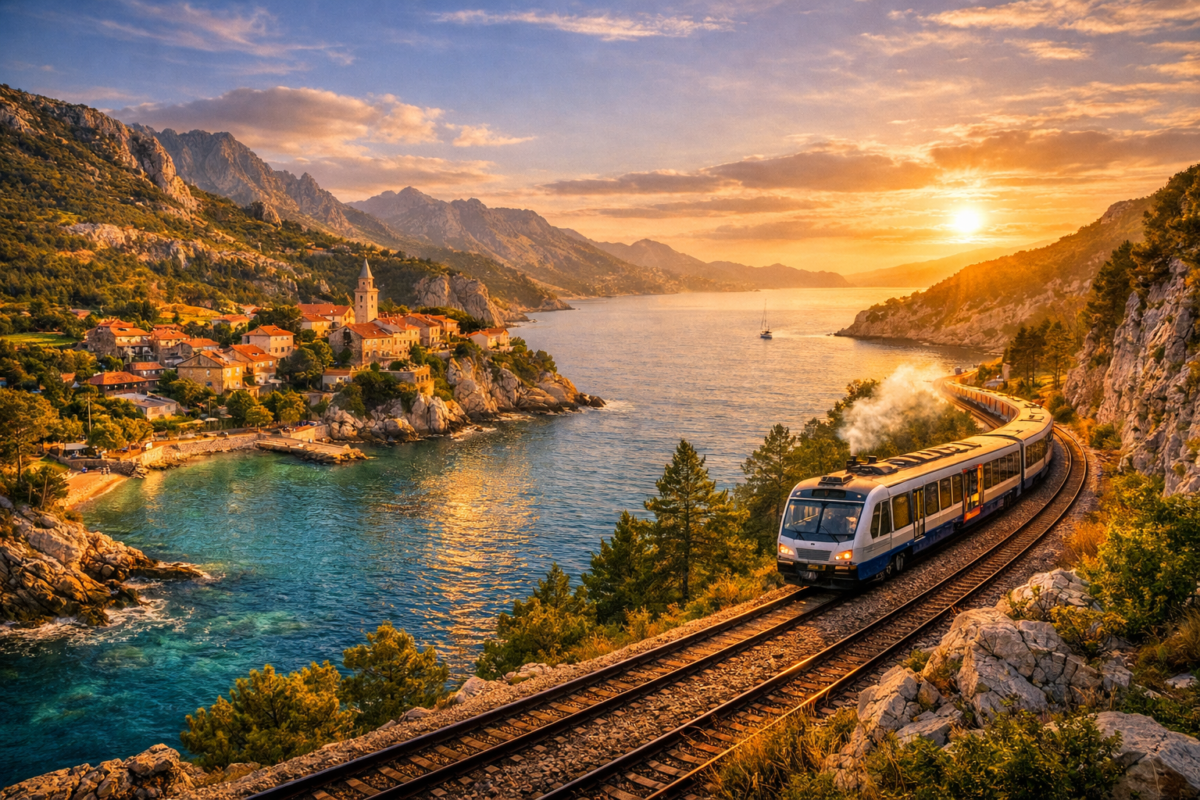  White and blue train curving along seaside cliffs above turquoise waters, passing terracotta‑roofed villages and cypress trees under a golden sunset over the Adriatic.