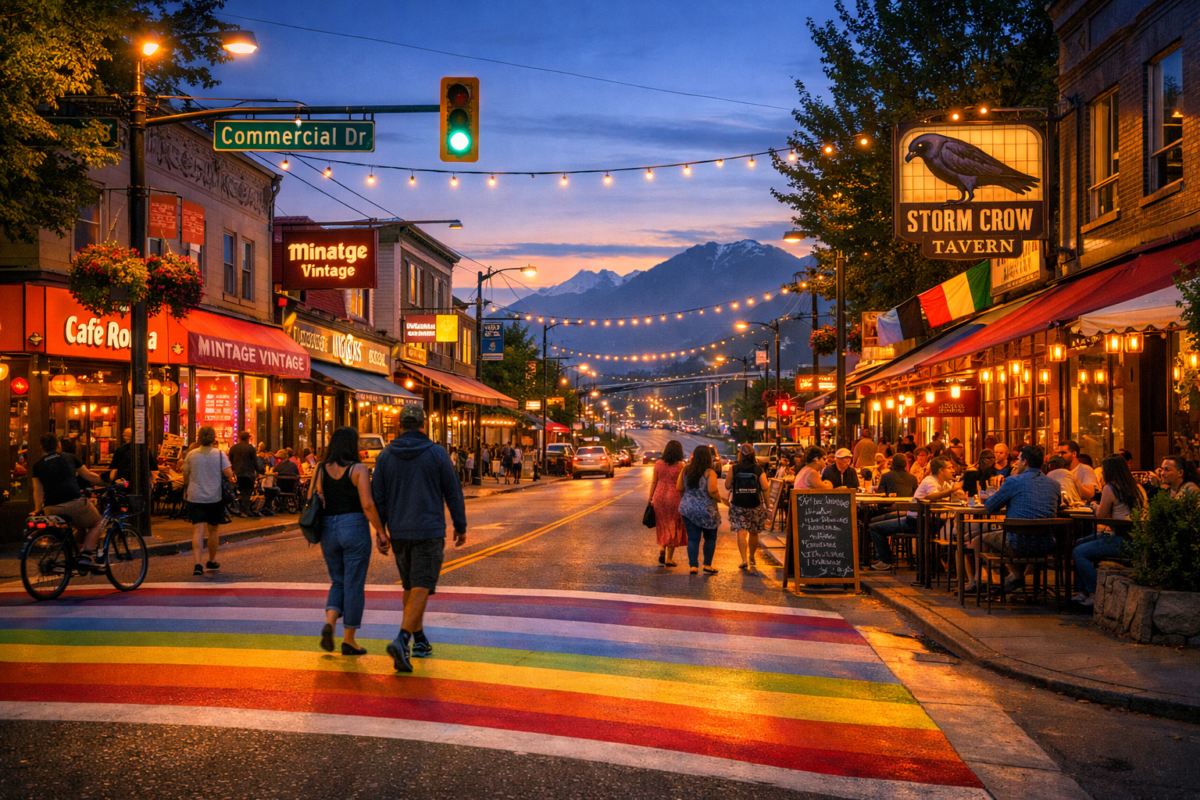  Pedestrians crossing a rainbow crosswalk at sunset surrounded by cafés, vintage shops, and taverns glowing under string lights, with vibrant storefronts and a deep blue sky above.