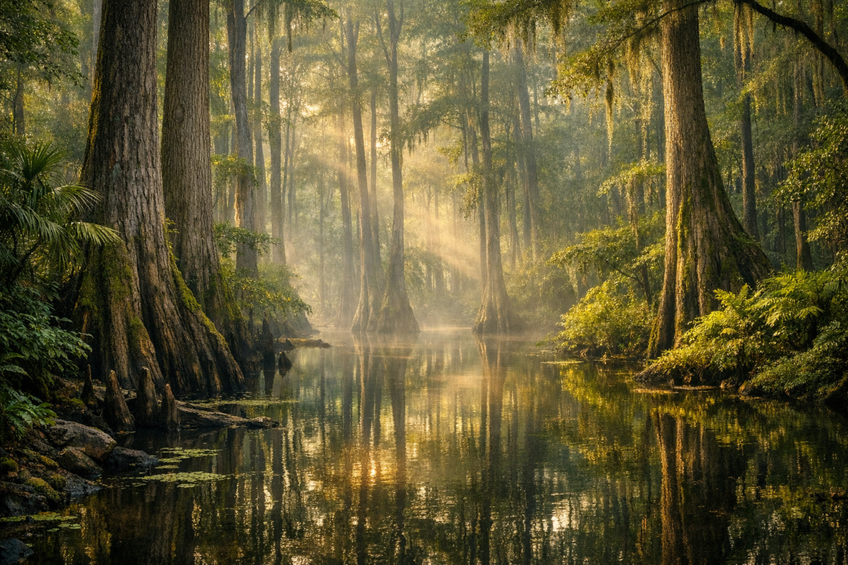 Misty cypress forest in Congaree National Park with reflective waters, moss-covered trunks, and sunlight filtering through the canopy.”This cinematic visual evokes the mysterious beauty of America’s hidden wilderness — lush, ancient, and untouched. Would you like me to prepare a horizontal banner version description next, so it fits seamlessly into your travel site’s hero section.