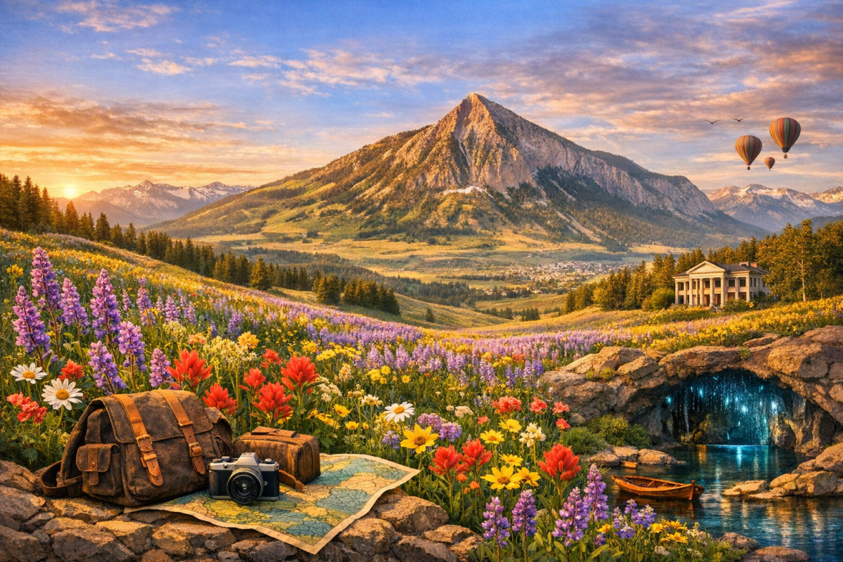 Alpine meadow in Crested Butte, Colorado filled with colorful wildflowers and a mountain peak glowing at sunrise. Hidden Gems in the USA.