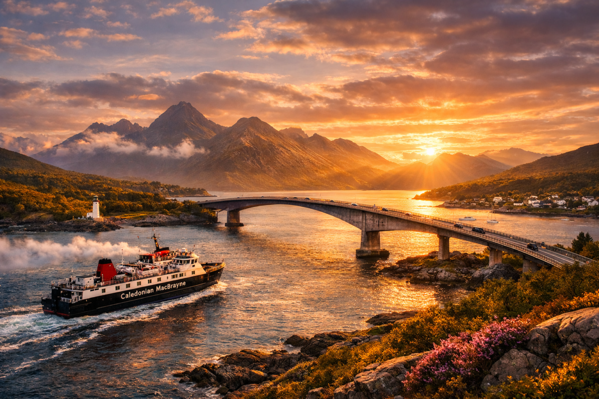 Skye Bridge connecting mainland Scotland to the Isle of Skye at sunset, with a ferry sailing below, lighthouse on rocky shore, and Cuillin Mountains glowing in golden light.