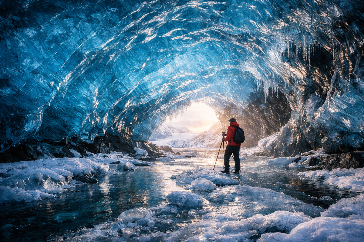 Iceland in winter showing crystal ice cave beneath Vatnajökull glacier with blue translucent walls, frozen stream, and explorer in red jacket illuminated by sunlight.