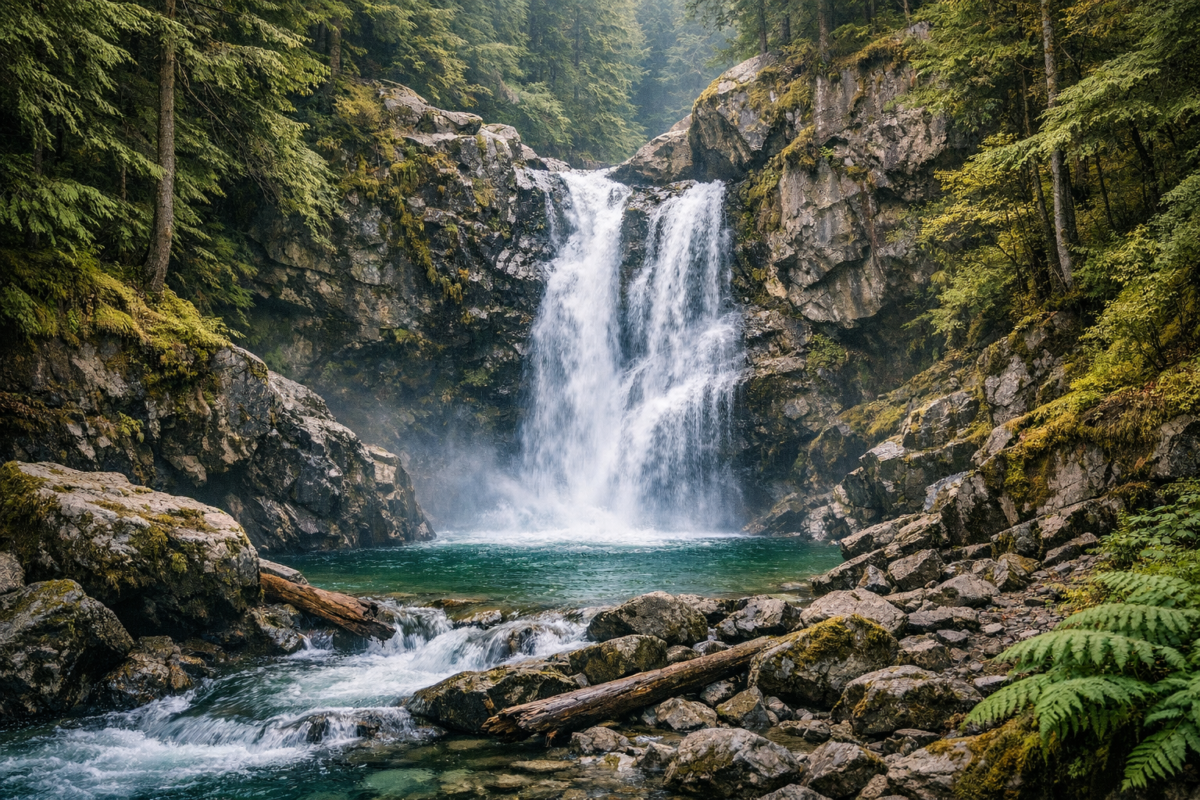 Multi-tiered waterfall cascading down moss-covered rocks into a clear pool surrounded by lush forest and ferns in Squamish, British Columbia. Best Hidden Waterfalls Near Vancouver