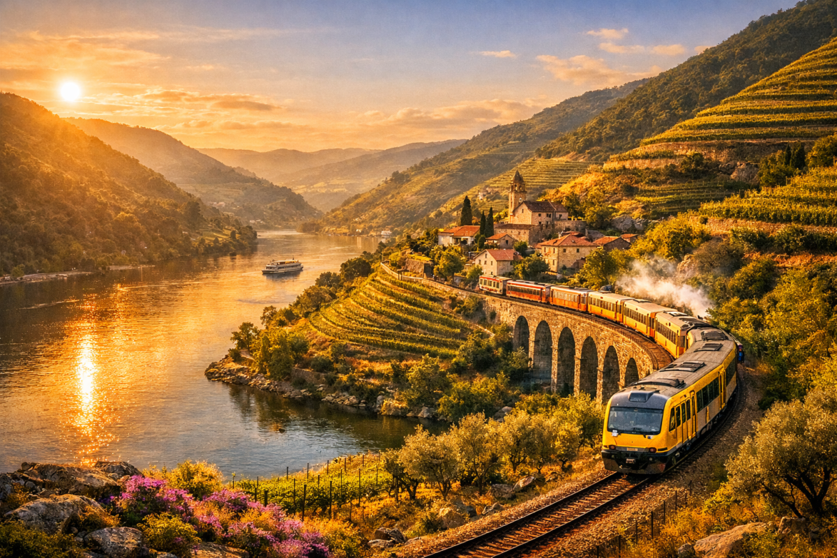  Yellow train winding along the Douro River through terraced vineyards and hillside villages, golden sunlight reflecting on the calm water. Train Journeys in Europe.