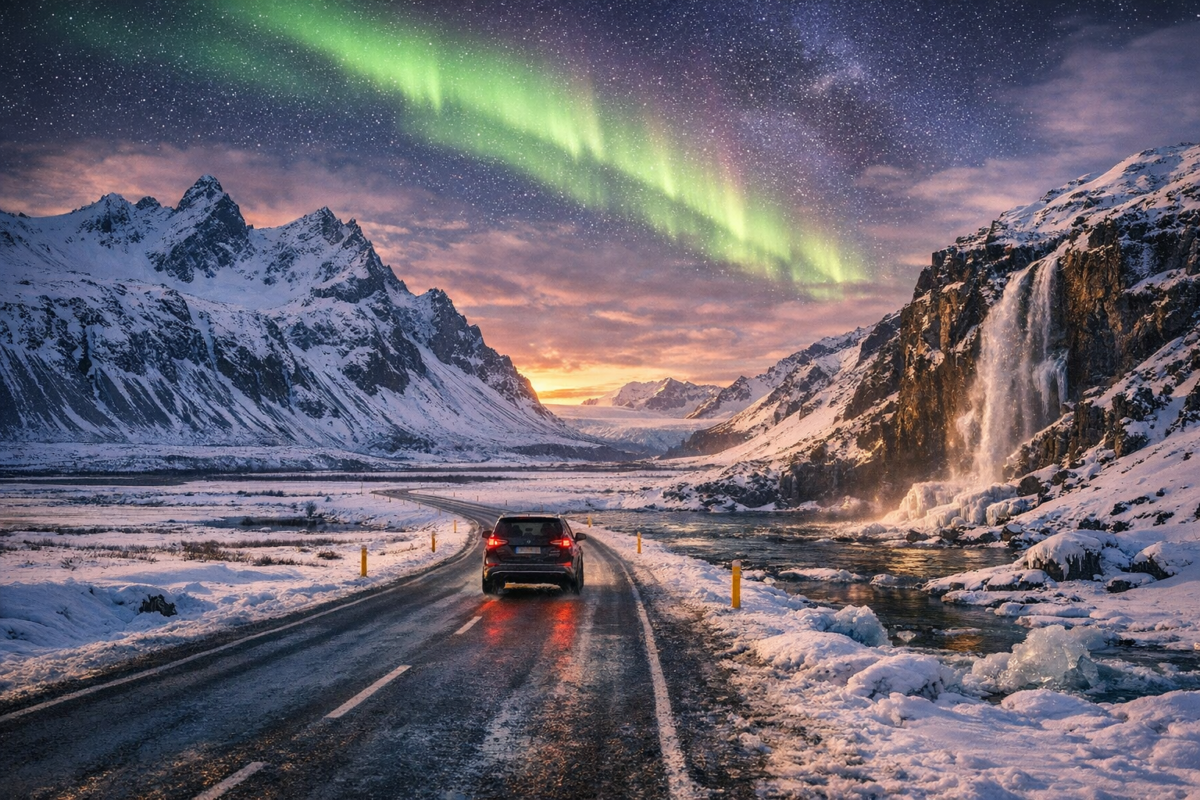 Iceland in winter showing car driving along snow‑covered Ring Road toward glacier mountains under aurora borealis and sunset sky.