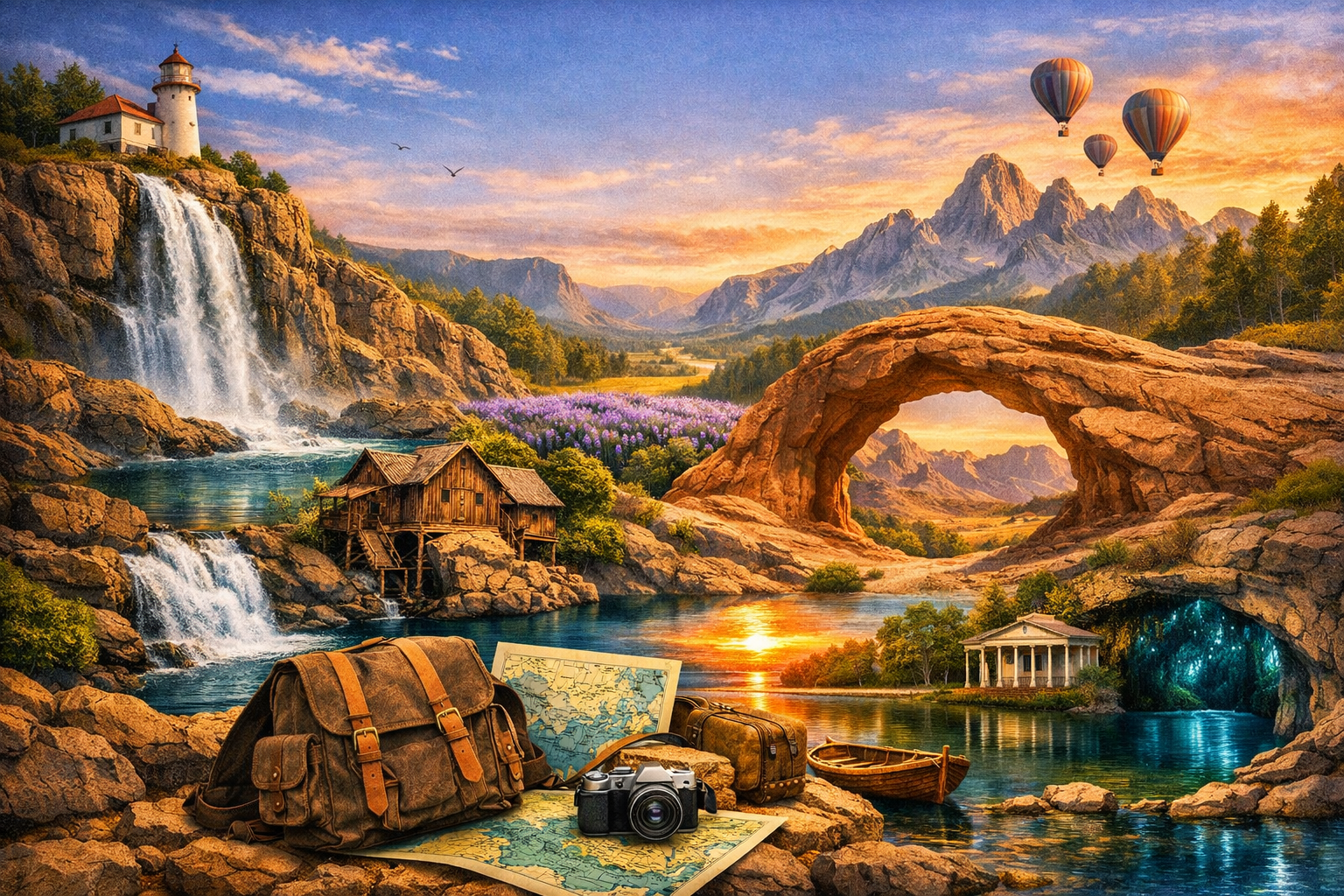 panoramic collage of hidden gems in the USA featuring waterfalls, sandstone arches, glowing caves, forests, and lakes under a golden sunset.