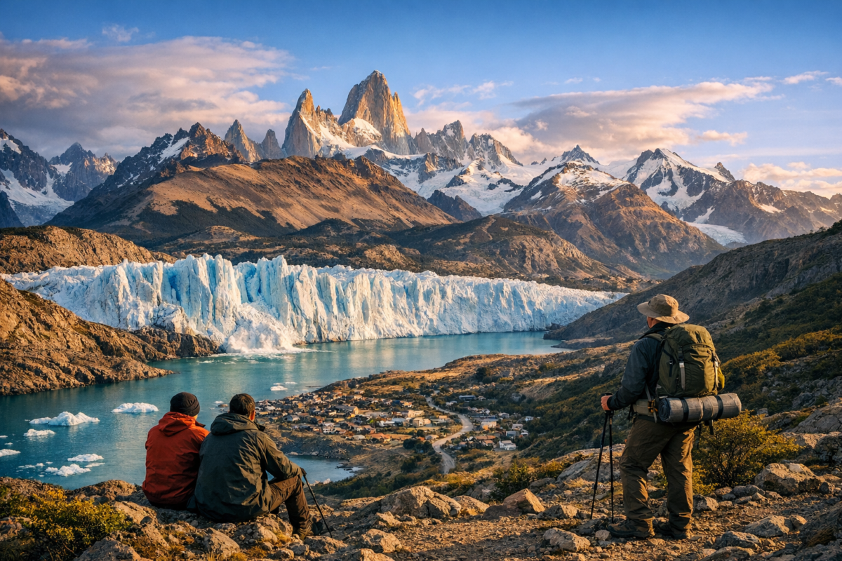 Hikers overlooking El Chaltén village and the Fitz Roy Massif glowing in golden light, with rugged peaks, winding river, and vibrant Patagonian landscape beneath a dramatic sky.