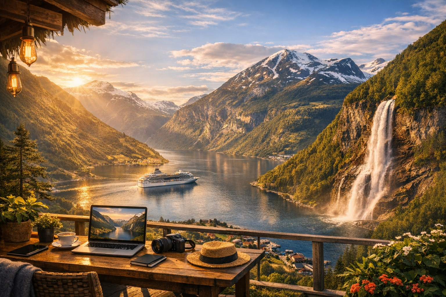 Cruise ship gliding through Norwegian fjord surrounded by snow‑capped mountains, waterfall, and golden sunset glow.
