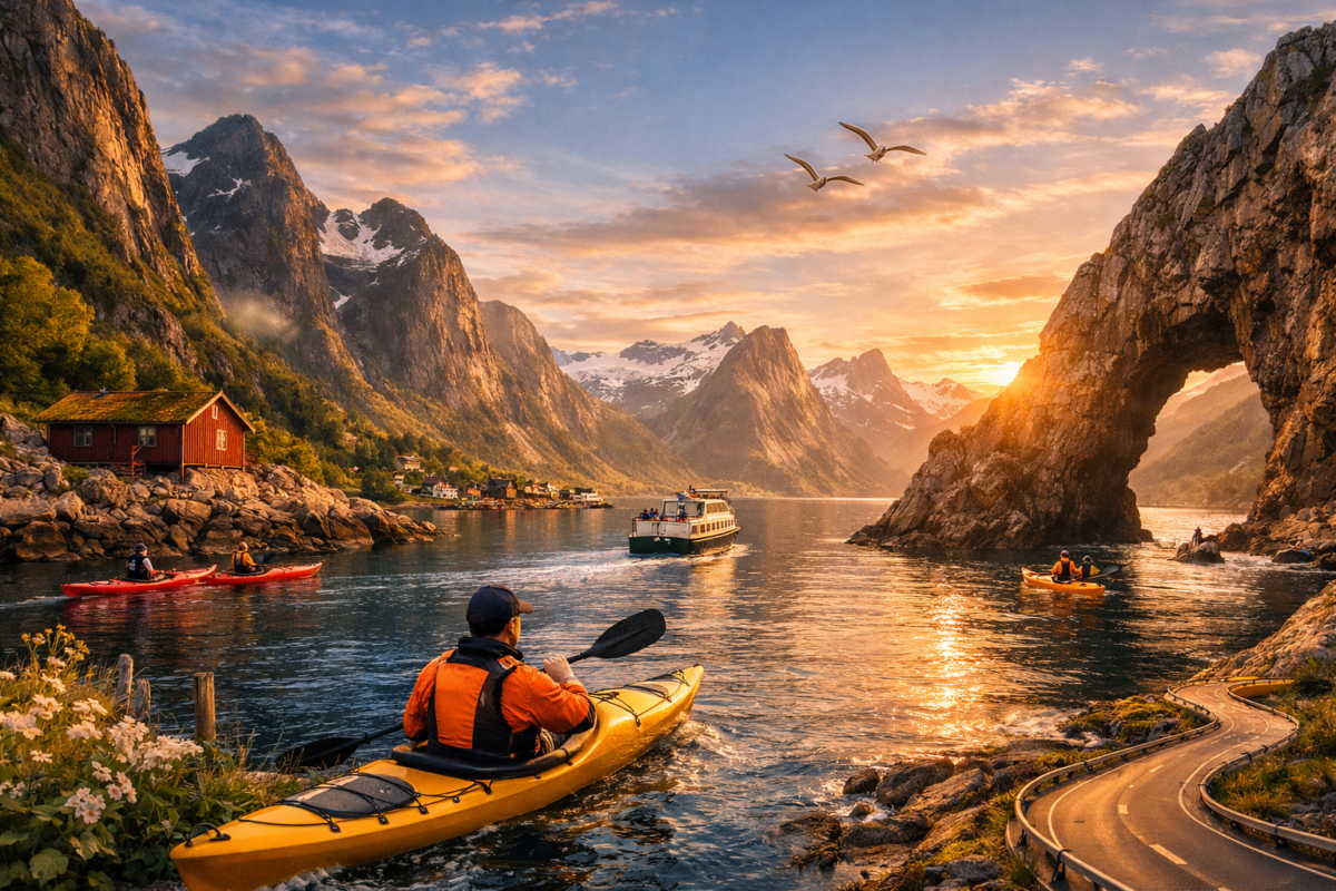 Kayakers paddling through Norway’s fjords at sunset with mountain reflections and a seaside village in view.