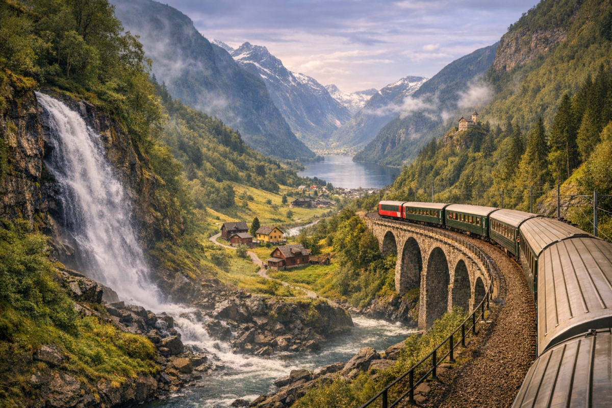  Green train curving along mountainside tracks beside a roaring waterfall, overlooking a valley of wooden houses and a blue fjord surrounded by mist‑covered peaks.