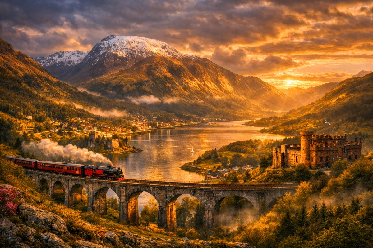 Scottish Highlands scene featuring a red steam train crossing the Glenfinnan Viaduct near Fort William, with snow‑capped Ben Nevis glowing in golden sunset light above the valley and loch. Scottish Highlands travel guide.