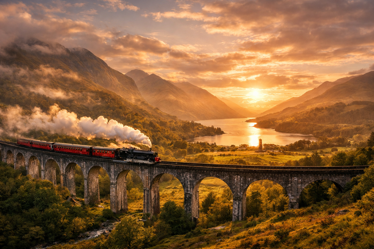 Steam train crossing the Glenfinnan Viaduct in the Scottish Highlands, surrounded by misty mountains and lush green valleys at sunset.