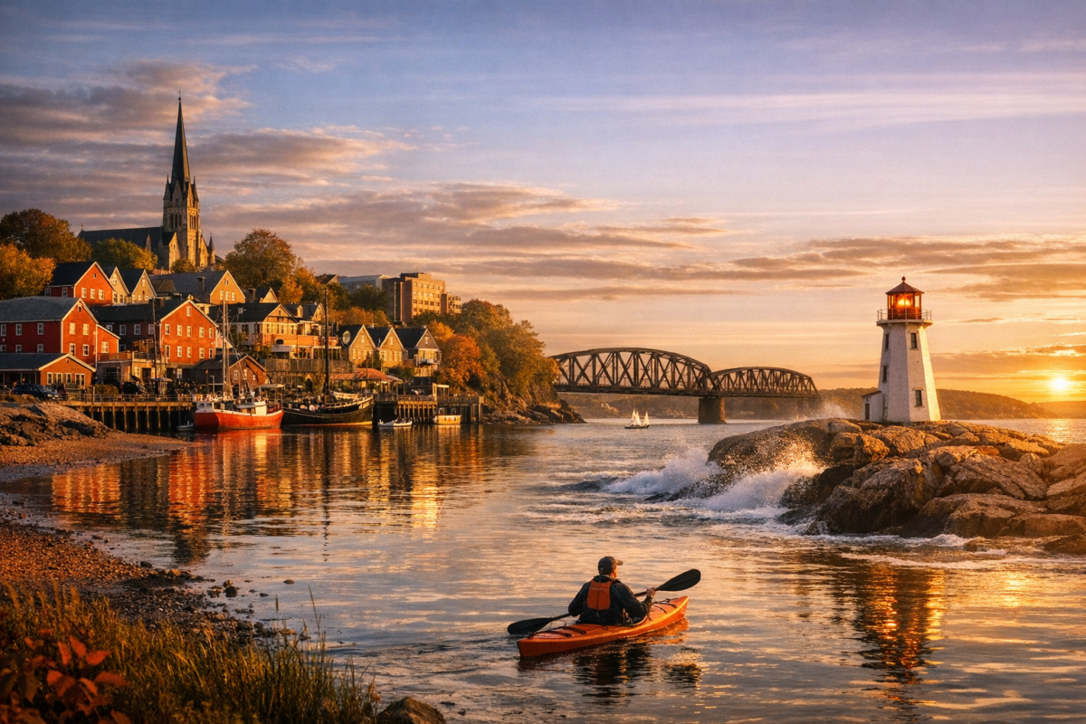 Fredericton’s riverside view with the Saint John River, a historic church spire, an old railway bridge, and a lone kayaker gliding through calm waters reflecting golden autumn colors — capturing the warmth and charm of New Brunswick’s capital. Prince Edward Island itinerary.