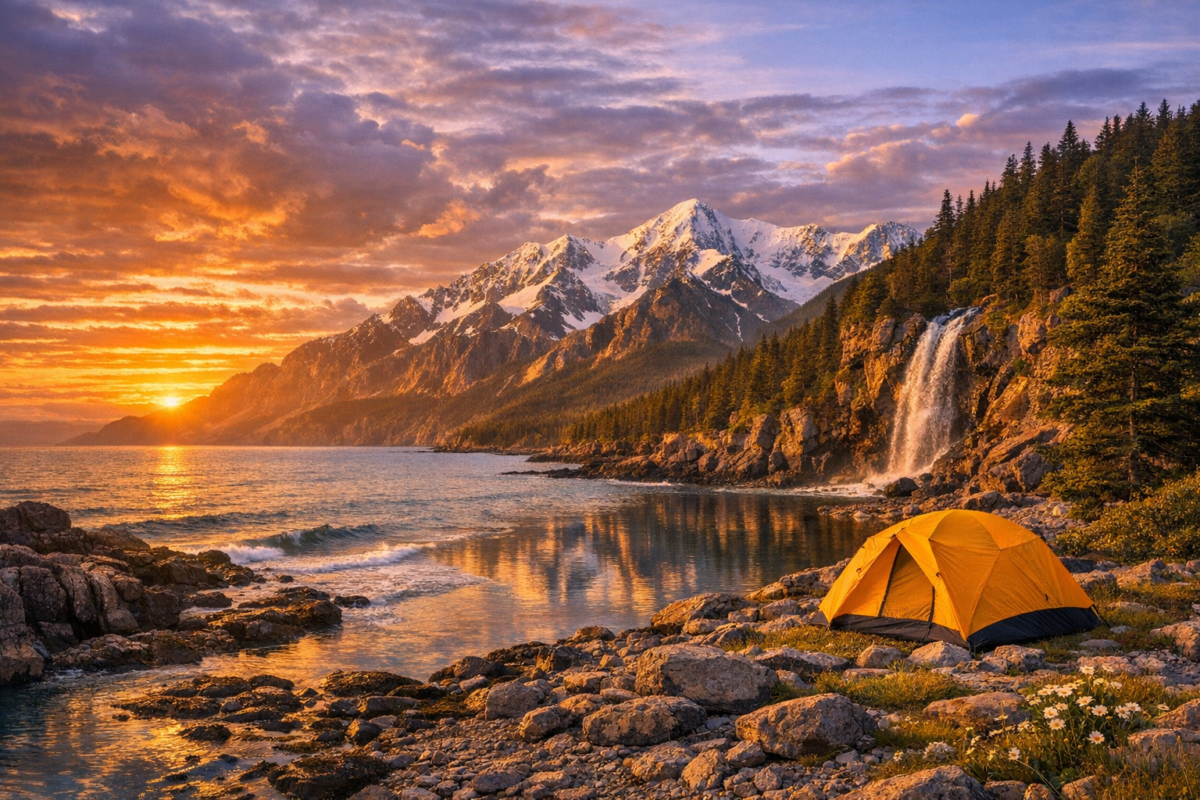 Sunset over Fundy National Park, New Brunswick, with rugged forested cliffs, cascading waterfall, and a yellow tent overlooking tidal beach and golden ocean horizon.