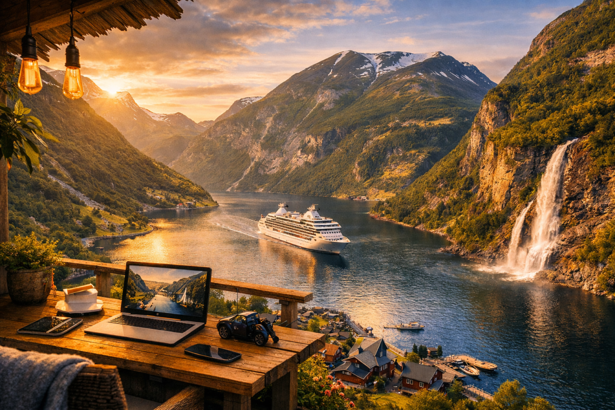 Cruise ship sailing through Geirangerfjord surrounded by green mountains, waterfall, and sunset glow. Norwegian fjords travel guide.