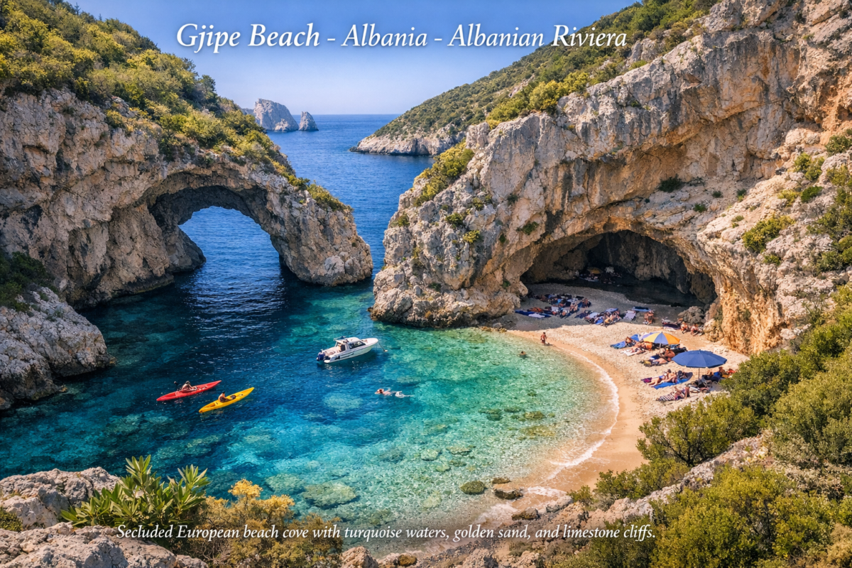 Gjipe Beach on the Albanian Riviera with turquoise waters, golden sand, and limestone cliffs. hidden beach destinations Europe.