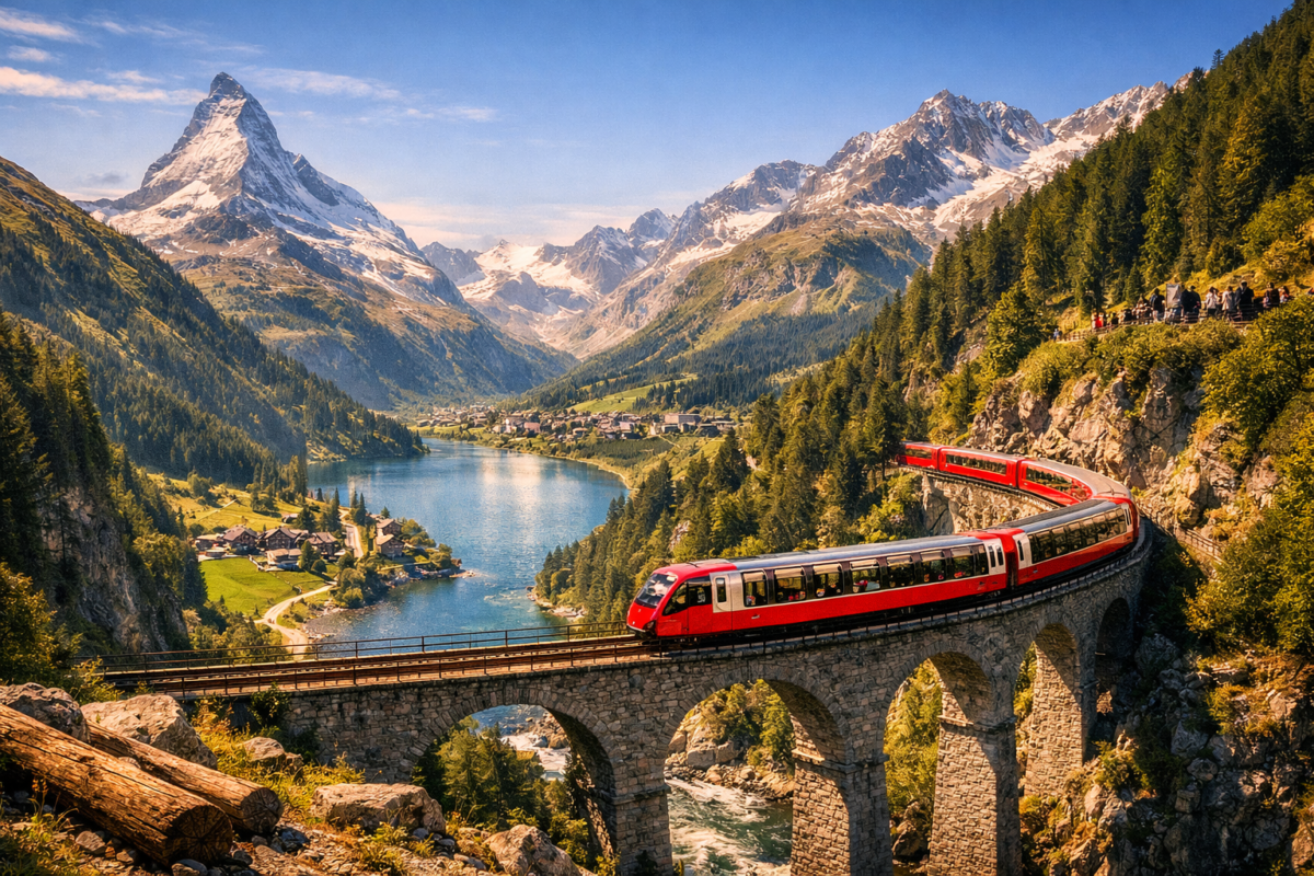  Red panoramic train crossing a stone viaduct high above a gorge, surrounded by snow‑capped peaks, green valleys, and turquoise alpine lakes under a clear blue sky.