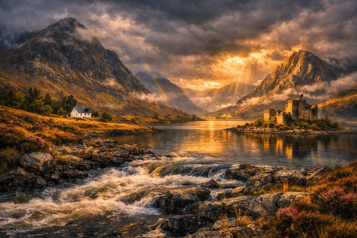 Scottish Highlands landscape featuring Glencoe’s rugged mountains, a rushing river through Rannoch Moor, and golden light breaking through stormy clouds over the valley.