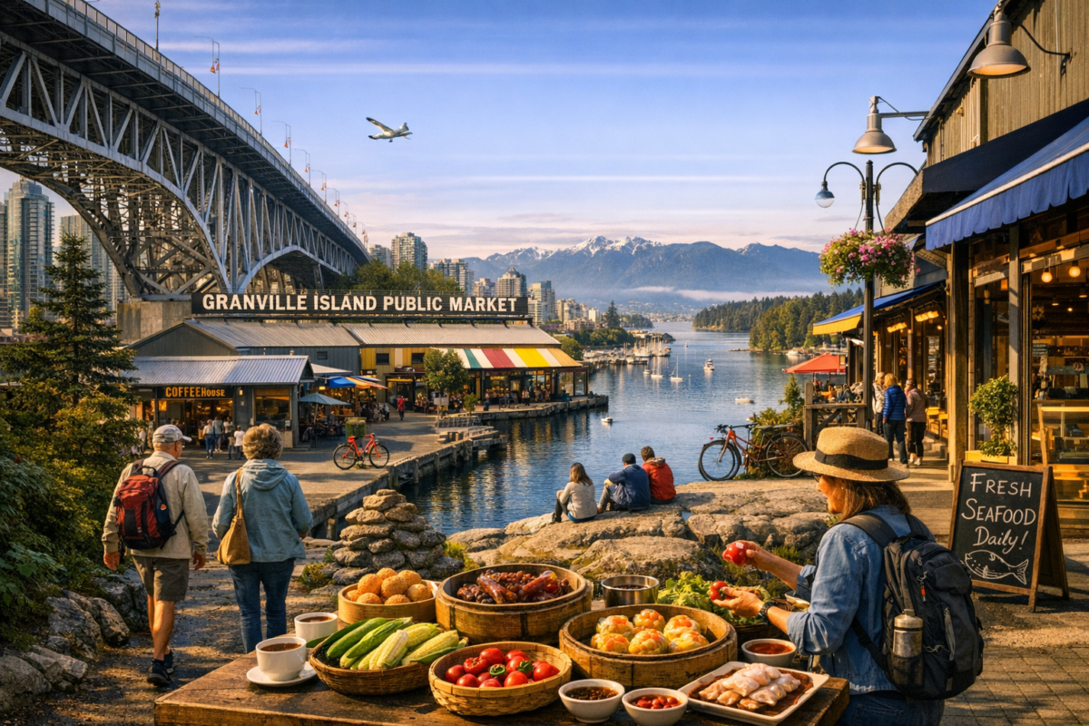  Granville Island Public Market with colorful produce stands, artisan bakery, and marina under the Granville Bridge, framed by flowers and calm waters on a sunny Tuesday morning.