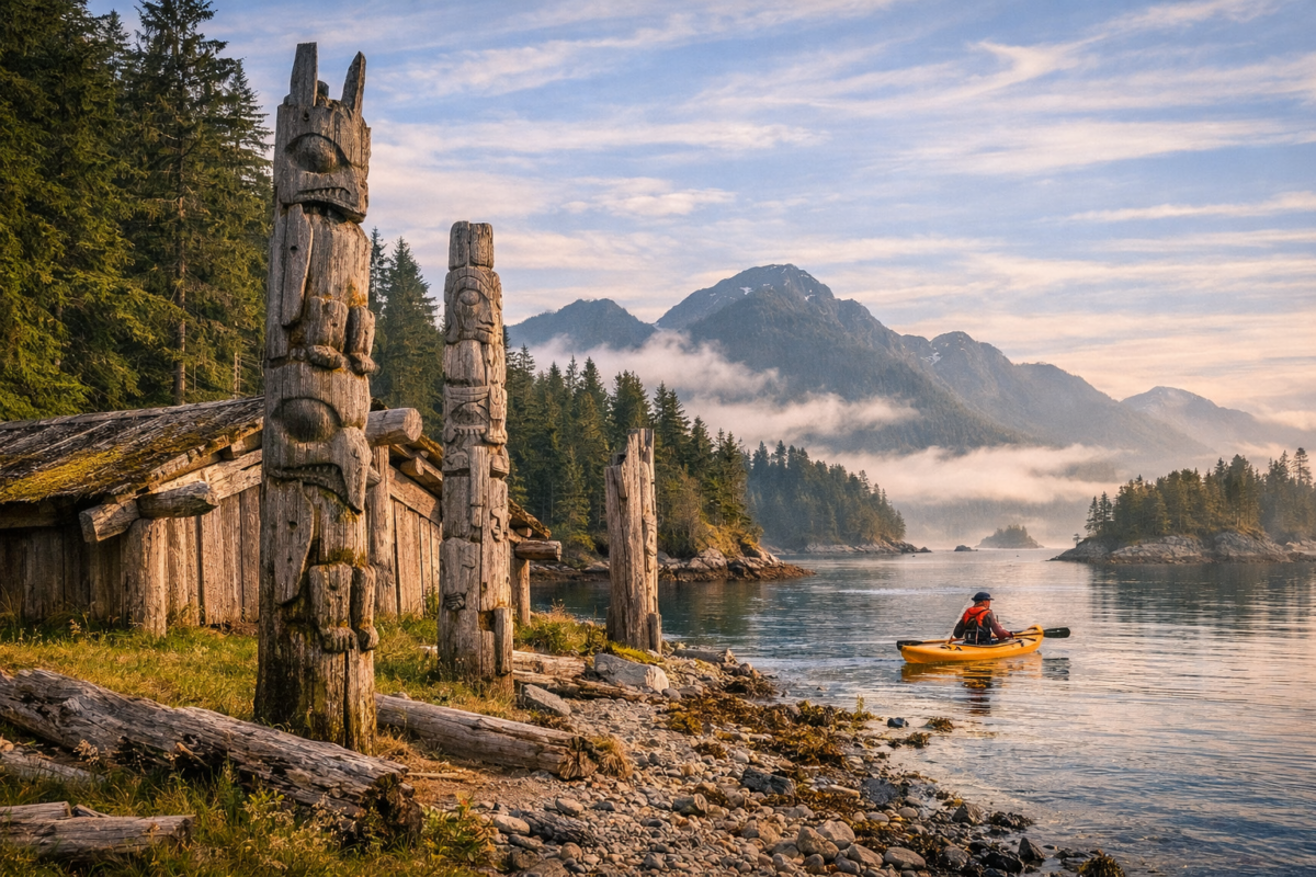 Ancient Haida totem poles and longhouse overlooking misty islands and a kayaker on calm waters in Gwaii Haanas Canadian National Park Reserve, British Columbia.