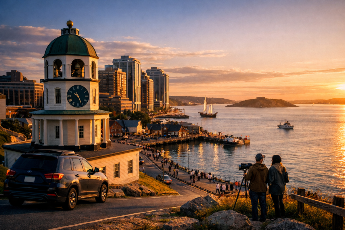 Halifax’s historic clock tower overlooking the harbor at golden hour, with sailboats gliding across calm waters and the skyline glowing in warm light — capturing the charm of Nova Scotia’s gateway city.