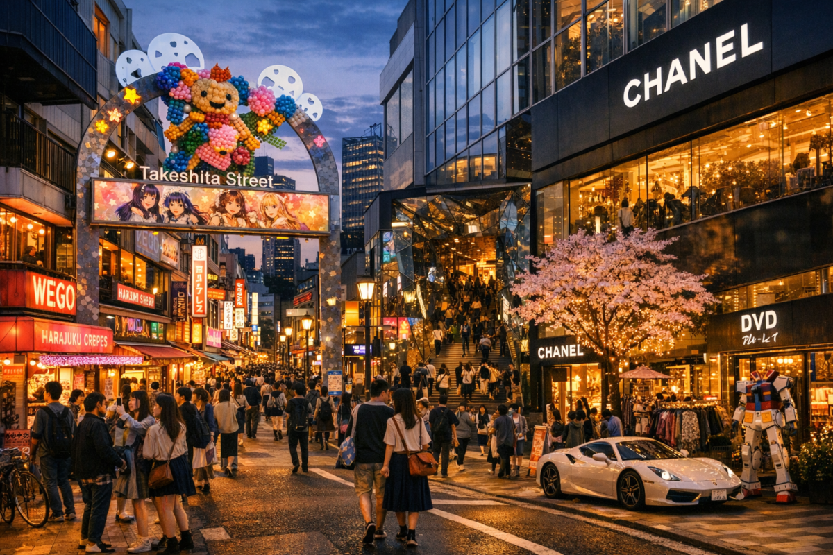 Evening view of Harajuku’s Takeshita Street and Omotesando’s luxury boutiques under twilight skies