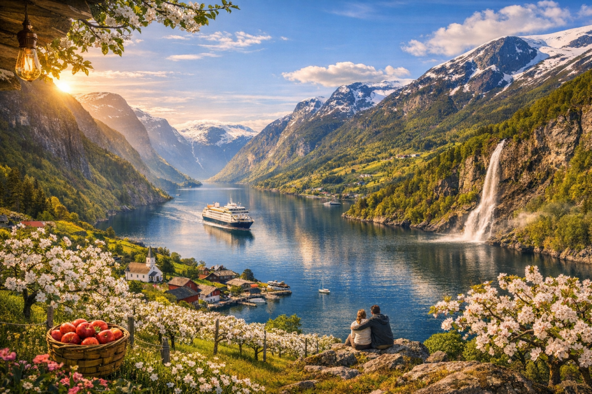 Orchard overlooking Hardangerfjord with blossoming trees, village, and snow‑capped mountains. Geirangerfjord travel guide.