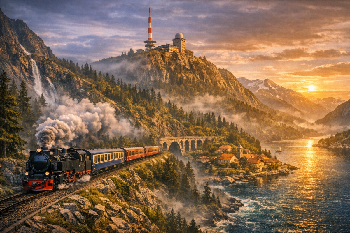  Black steam locomotive with red carriages climbing through misty pine forests toward the Brocken summit, with an old radio tower and observatory glowing in the sunrise.