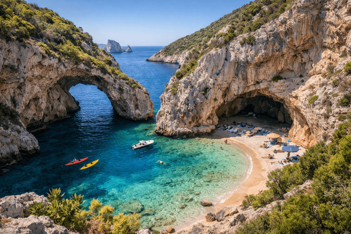 Secluded European beach cove with turquoise waters, golden sand, and limestone cliffs.”