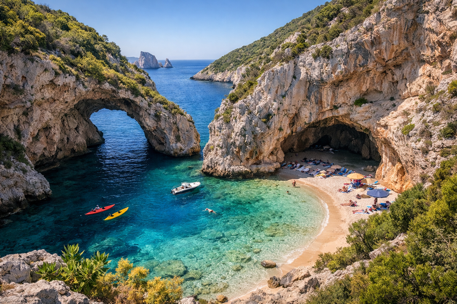 Secluded European beach cove with turquoise waters, golden sand, and limestone cliffs.”