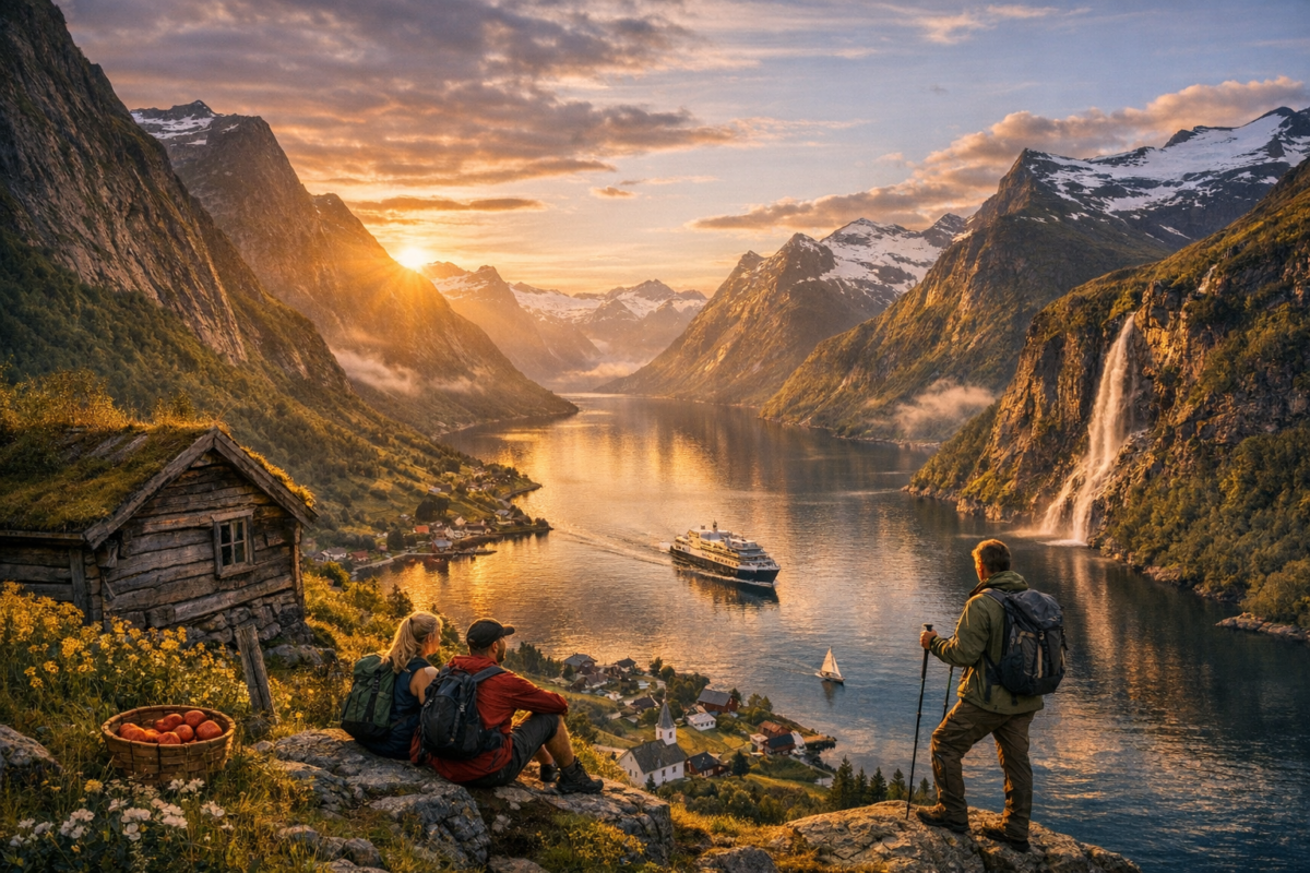 Hikers overlooking Hjørundfjord’s calm waters, village below, and snow‑capped peaks at sunset.