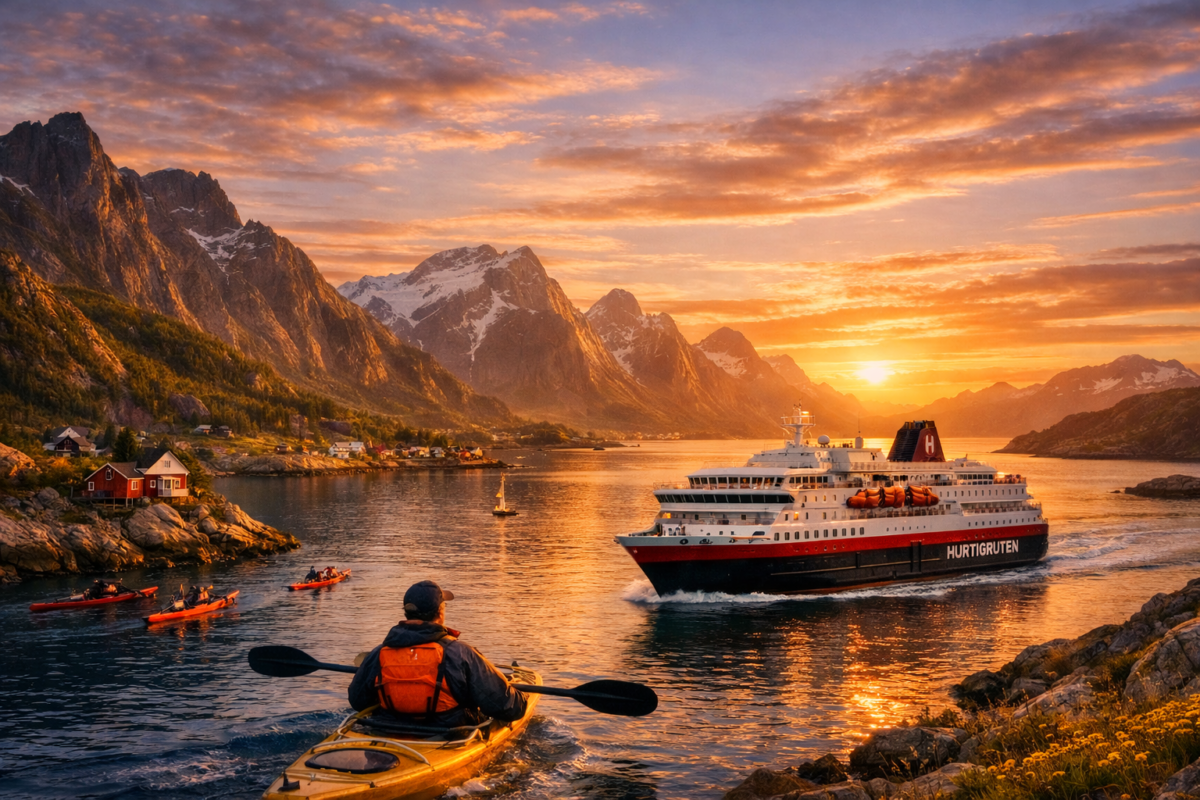 Hurtigruten cruise ship sailing along Norway’s rugged coast with mountains, fjords, and sunset glow.