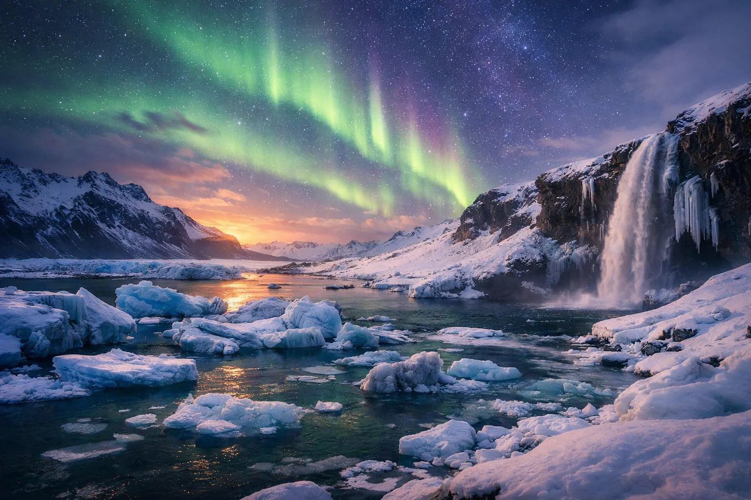 Iceland in winter with aurora borealis glowing above icy glacier lagoon, frozen waterfall, and snow-covered mountains at twilight.