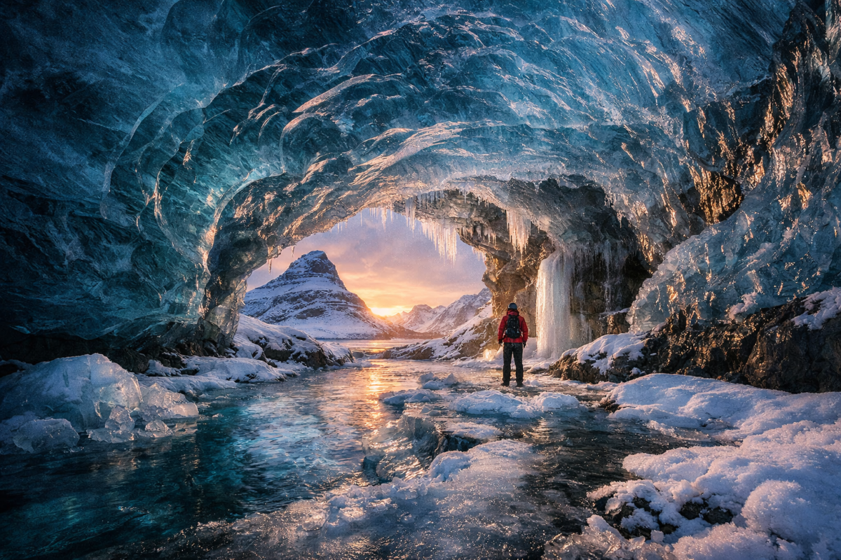 Iceland in winter showing blue ice cave with translucent walls, frozen stream, and explorer in red jacket illuminated by sunlight at cave entrance.