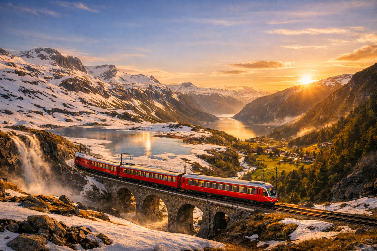  Red train crossing snowy Swiss viaducts, green train descending Norway’s fjord valley, and a panoramic train gliding across the frozen Hardangervidda plateau under golden light, symbolizing Europe’s most scenic rail adventures.