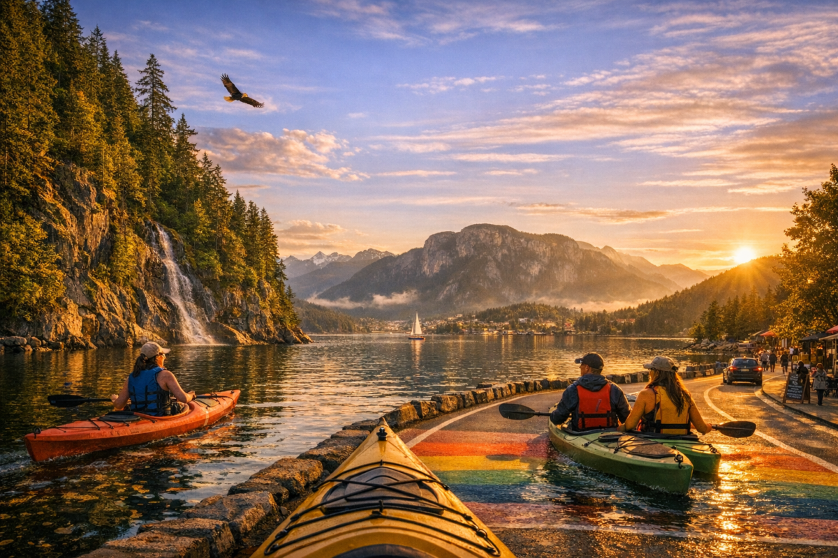  Kayakers gliding through calm turquoise waters of Indian Arm Fjord surrounded by forested cliffs, a cascading waterfall, and distant snow‑capped peaks glowing under golden evening light.