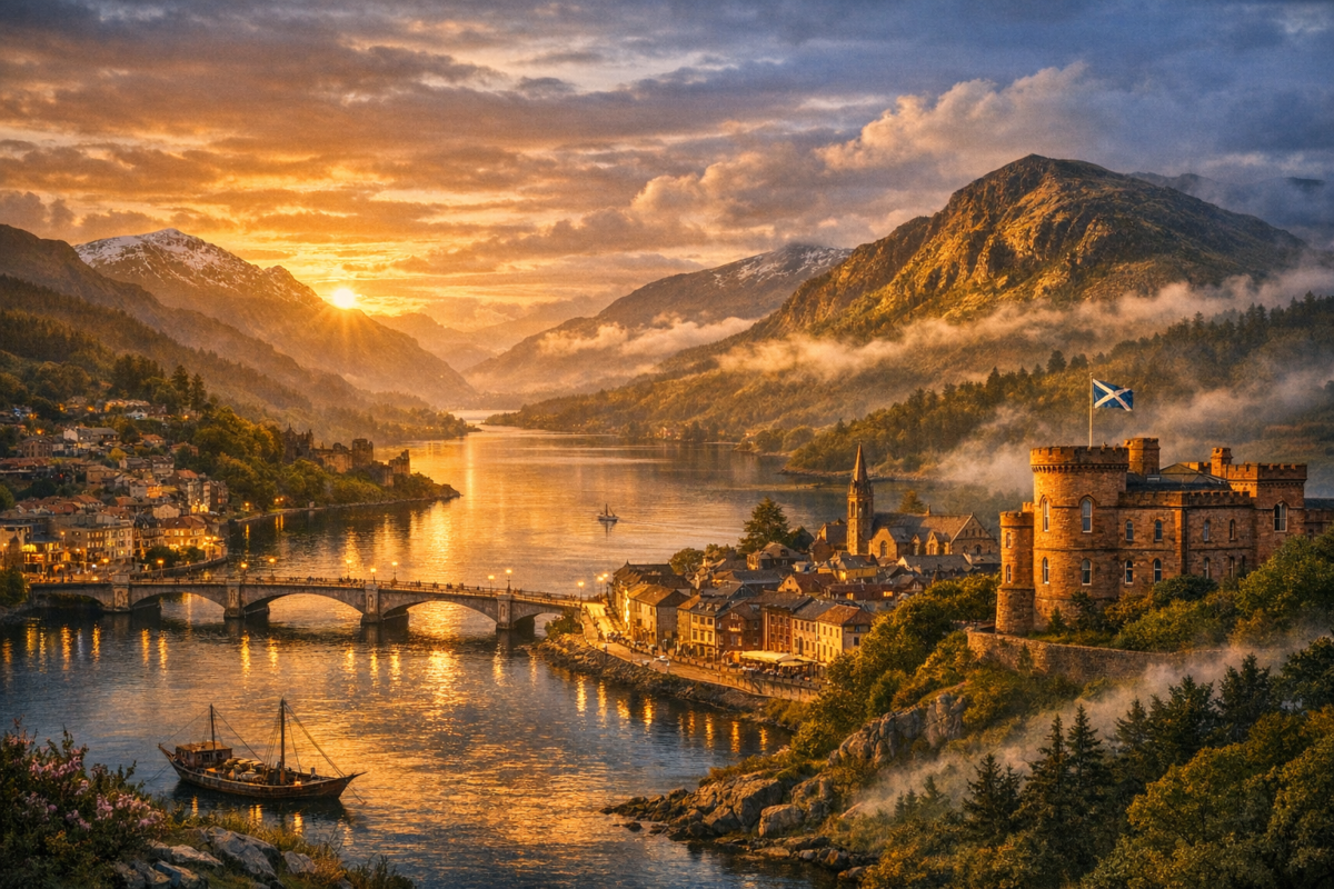  Scottish Highlands scene featuring Inverness Castle overlooking the River Ness, a stone bridge reflecting sunset light, and the Great Glen stretching toward misty mountains and a glowing loch.