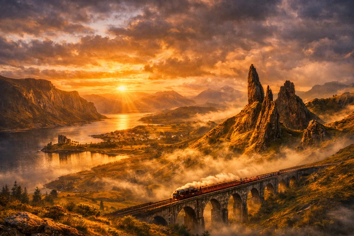 Scottish Highlands landscape featuring the Isle of Skye’s rugged cliffs, the Old Man of Storr rising above misty moors, and golden light reflecting on tranquil lochs beneath dramatic clouds. best places to visit Scottish Highlands