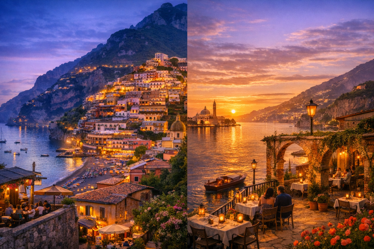 Positano’s pastel houses cascade down the cliffs toward the twilight sea, their lights shimmering on the water, while Praiano’s terrace glows at sunset with candlelit tables overlooking the golden horizon of the Amalfi Coast.