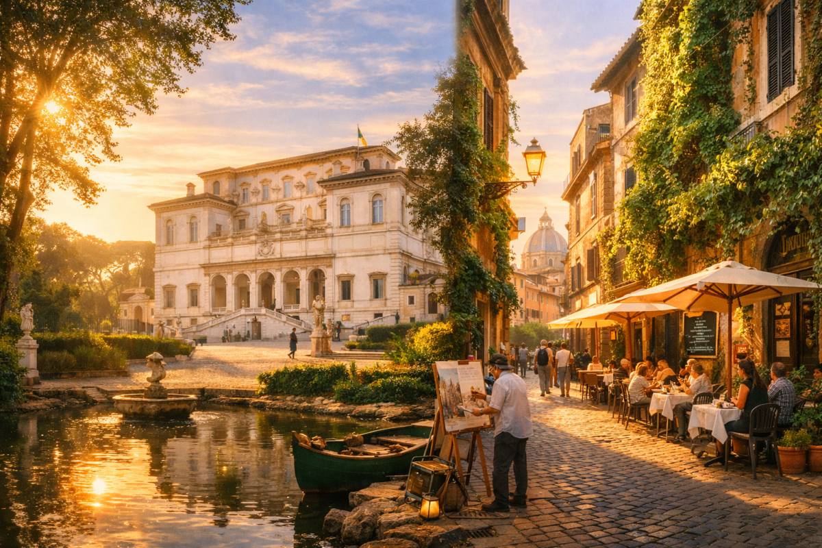 A serene morning at Villa Borghese with the grand Borghese Gallery surrounded by lush gardens, paired with a charming Roman street scene where artists paint and cafés line ivy‑covered buildings bathed in soft sunlight.