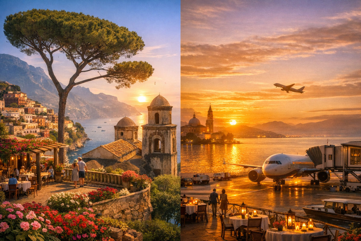 A golden‑hour view from Ravello’s garden terrace framed by stone columns and umbrella pines overlooking the Amalfi Coast, followed by a sunset airport scene with passengers walking toward a plane as another aircraft ascends into the glowing sky.