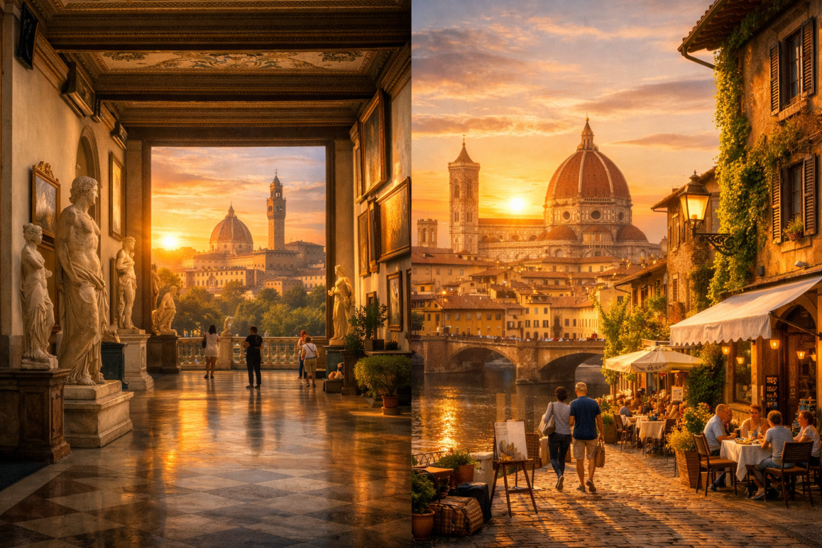 A golden‑hour view of Florence showing the Uffizi Gallery’s ornate corridor filled with Renaissance sculptures and paintings, opening to a skyline of the Duomo and Palazzo Vecchio, while across the Arno River the Oltrarno district glows with cafés, artisan shops, and the Ponte Vecchio reflecting in the water.