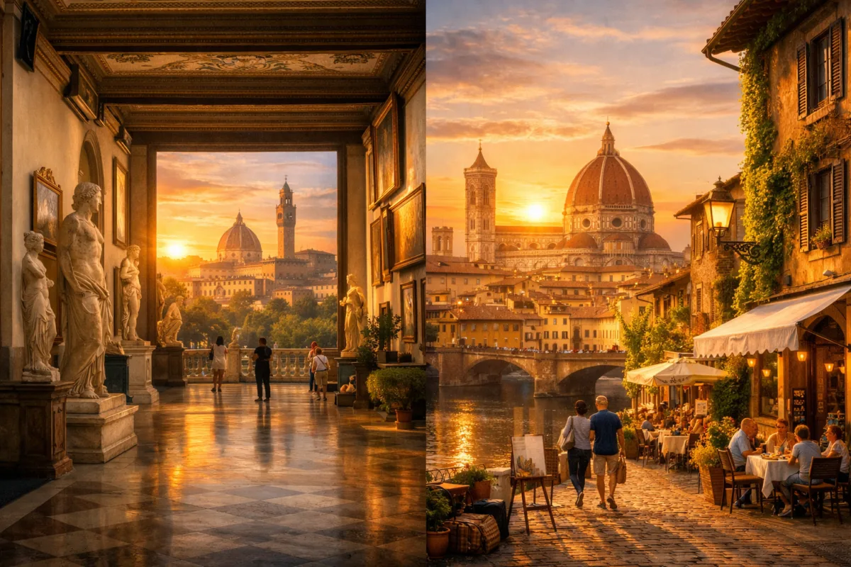 A golden‑hour view of Florence showing the Uffizi Gallery’s ornate corridor filled with Renaissance sculptures and paintings, opening to a skyline of the Duomo and Palazzo Vecchio, while across the Arno River the Oltrarno district glows with cafés, artisan shops, and the Ponte Vecchio reflecting in the water.