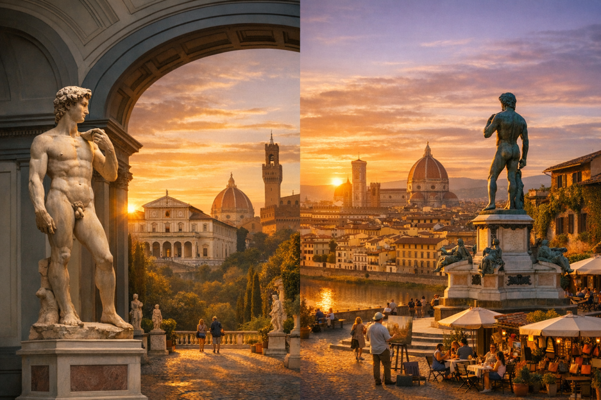 Michelangelo’s marble David stands in the Accademia Gallery, glowing under soft light, while outside the sun sets over Florence from Piazzale Michelangelo, illuminating the Duomo, Palazzo Vecchio, and Arno River as visitors gather around the bronze David replica to admire the view.