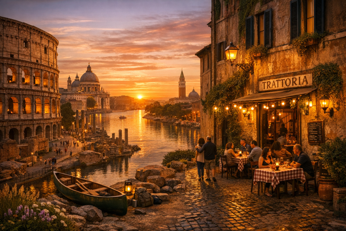 A golden sunset over the Colosseum and Roman Forum, with St. Peter’s Basilica glowing in the distance and Trastevere’s cobblestone streets alive with trattorias, ivy‑covered facades, and locals dining under string lights.