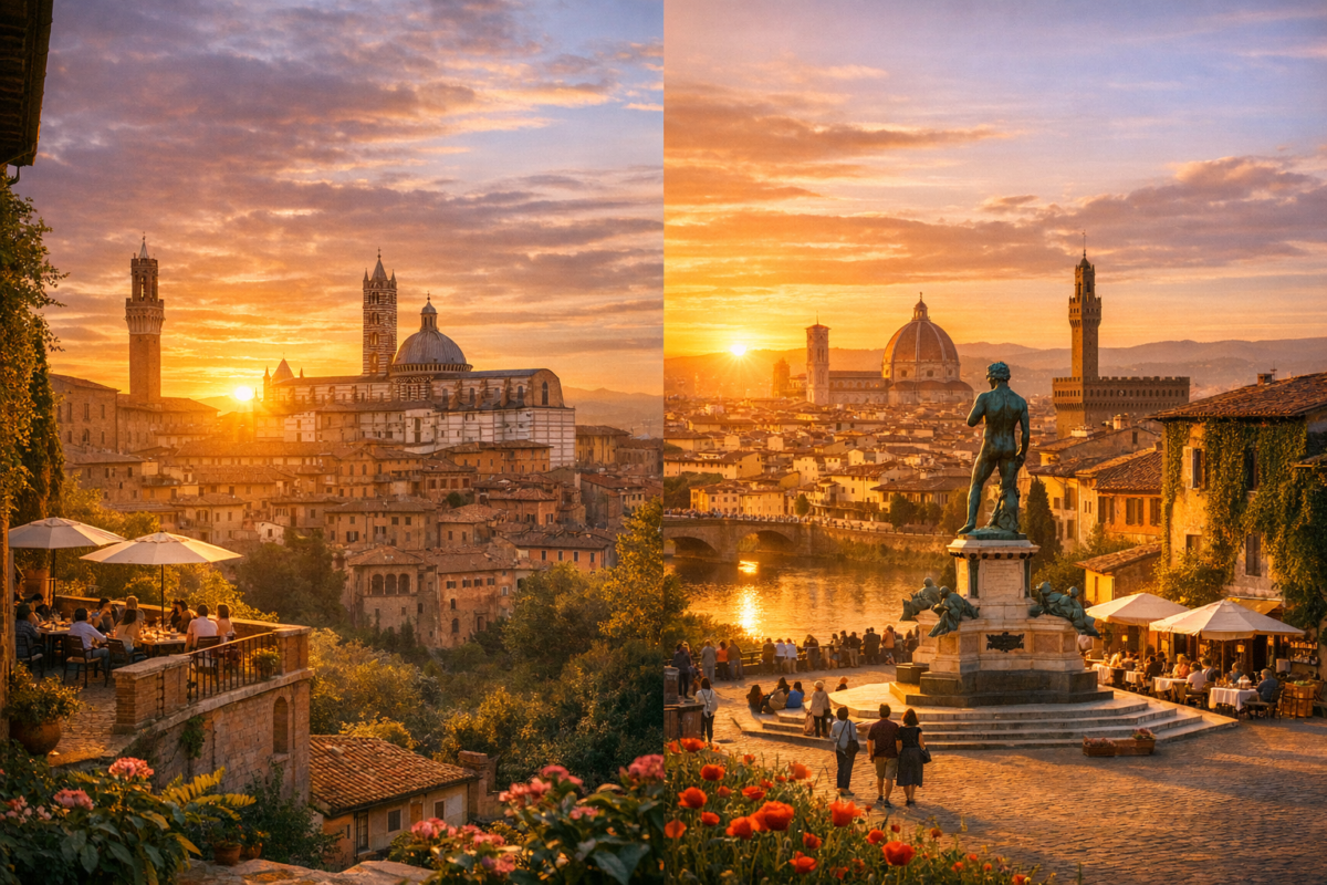 A golden sunset over Tuscany showing Siena’s striped cathedral and medieval rooftops glowing above terracotta houses, while rolling hills of the Val d’Orcia stretch beyond with cypress‑lined roads, vineyards, and a stone farmhouse surrounded by red poppies under warm evening light.