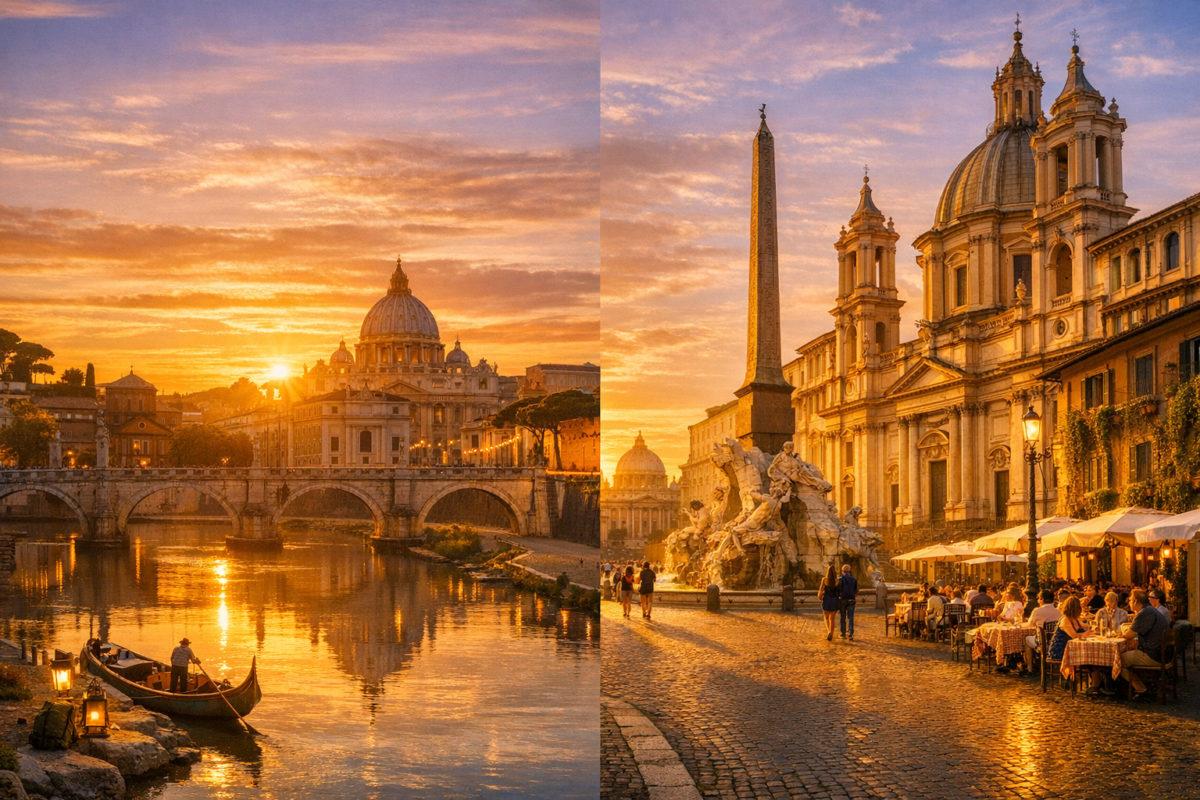 A sunrise over St. Peter’s Basilica reflecting in the Tiber River, followed by a morning scene at Piazza Navona with the Fountain of the Four Rivers and Sant’Agnese in Agone bathed in golden light as visitors stroll the historic square. Italy travel on a budget.