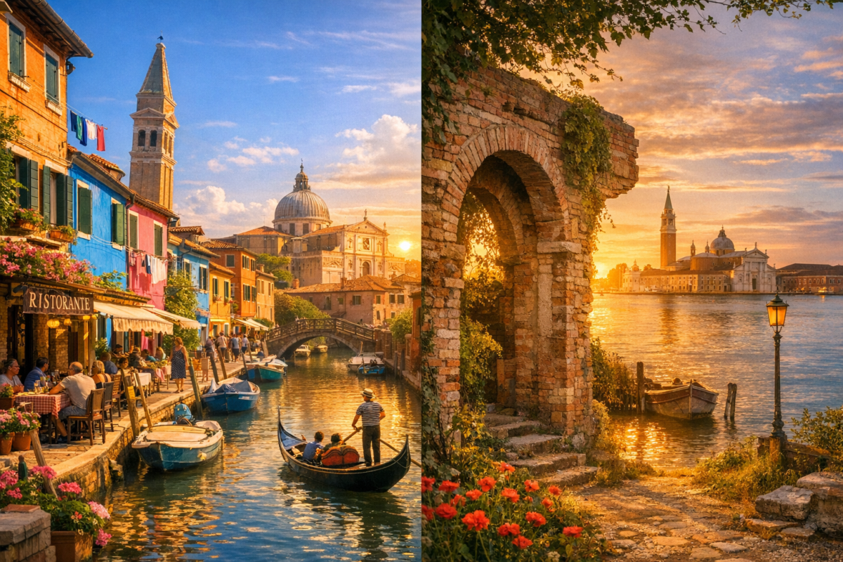 A bright midday scene of Burano’s colorful canal lined with vivid houses and boats, followed by a golden sunset view of a quiet Venetian island with crumbling brick archways, overgrown vines, and the Church of San Giorgio Maggiore glowing across the lagoon.