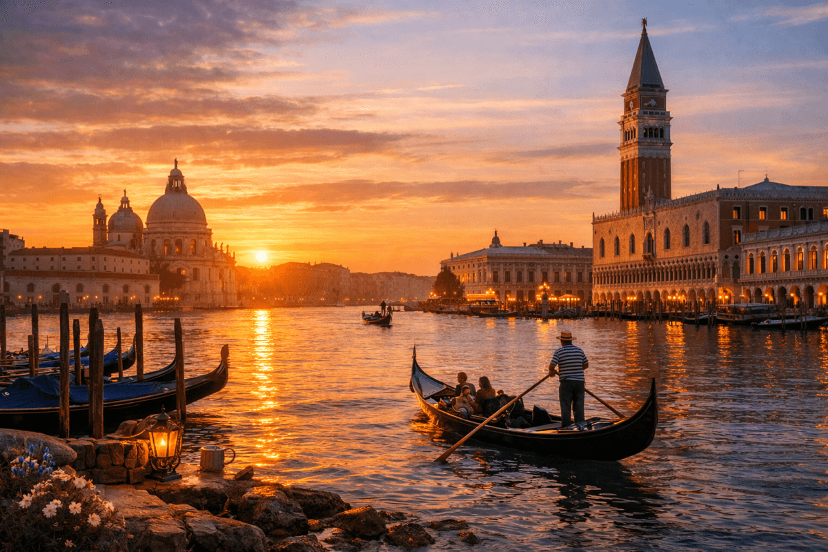 Italy —A golden sunset over Venice’s Grand Canal, with gondolas gliding past the Basilica di Santa Maria della Salute and the Campanile di San Marco, their reflections shimmering in the water beneath a sky painted in warm hues of orange and pink.