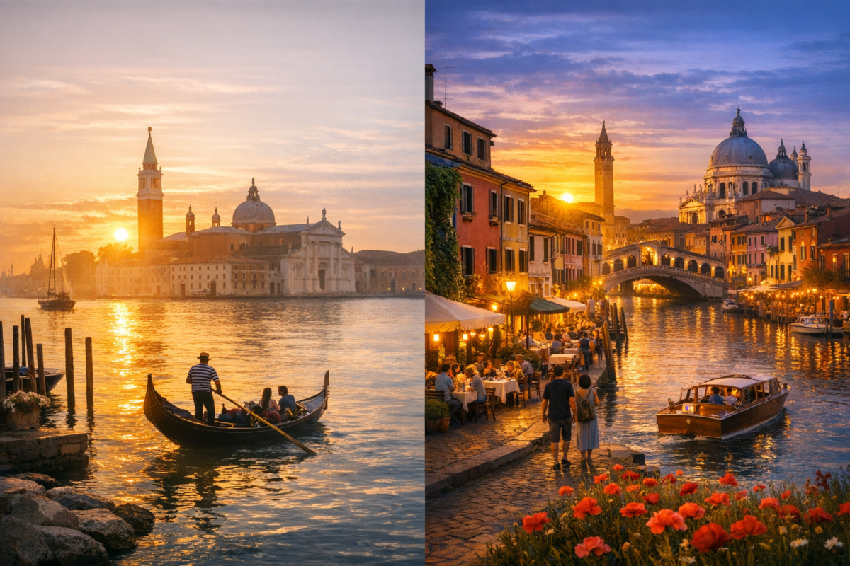 Morning mist over the lagoon as a gondola glides past San Giorgio Maggiore at sunrise, followed by twilight scenes of Burano’s colorful houses and the Grand Canal near the Rialto Bridge, where lights shimmer on the water and diners enjoy canal‑side cafés.